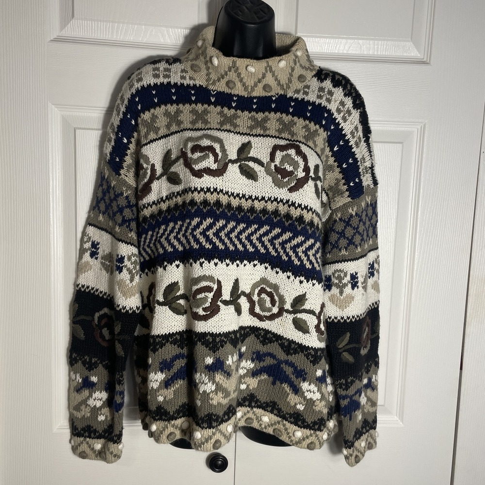 Handknit Express Sweater Womens Small Rose Geometric 90s Bubble Knit Mock‎ Neck